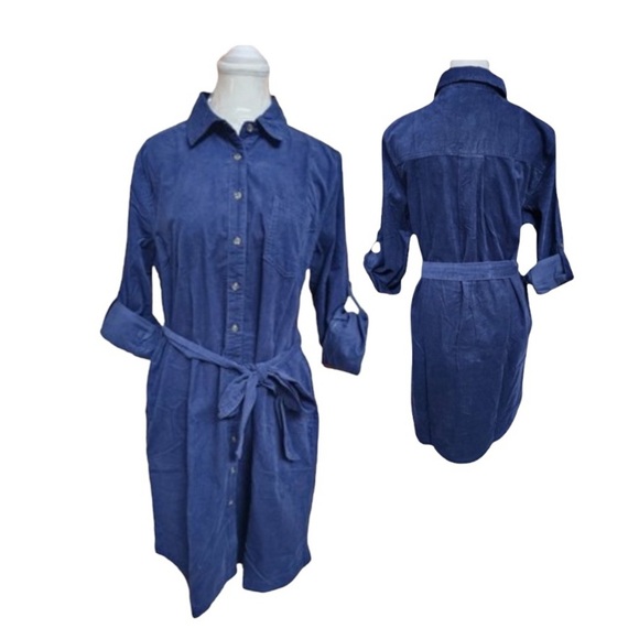 Lands' End Dresses & Skirts - LANDS' END Blue Button Front Belted Long Roll Tab Sleeve Corduroy Dress Sz: XXL